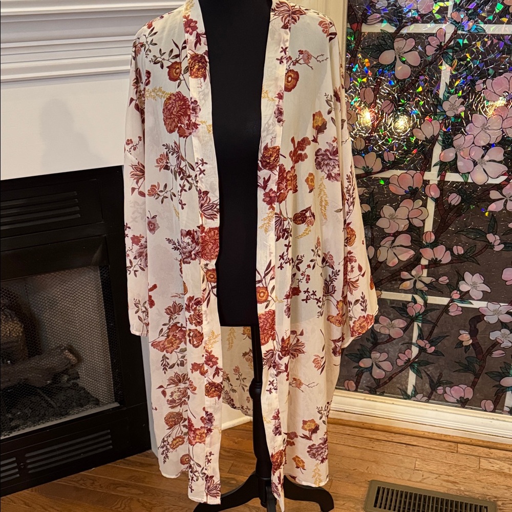 Wallflower -  Floral Kimono in Cream and Brown Hues - 3X - EUC